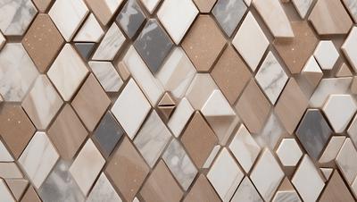 The primary subject of the image is a marble wall with a unique pattern of tiles. The setting is a bathroom, and the visual style is a close-up of the tiled wall. The colors and mood of the image are predominantly neutral, with the marble tiles providing a sense of elegance and sophistication.