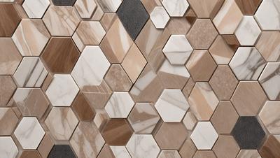 The primary subject of the image is a marble tile wall with a pattern of hexagons. The setting is a bathroom, and the visual style is a photo. The dominant colors are white and brown, giving the wall a natural and elegant appearance. The overall atmosphere is clean and sophisticated, reflecting the luxurious and high-quality materials used in the bathroom.