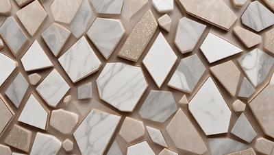 The primary subject of the image is a marble wall with a unique design. The wall is covered in a pattern of white and tan marble tiles, creating a visually appealing and elegant appearance. The setting is a room with a marble wall, which serves as the main focus of the image. The visual style of the image is a close-up of the marble wall, showcasing the intricate design and texture of the marble tiles. The colors and mood of the image are predominantly neutral,