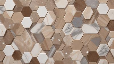 The primary subject of the image is a marble tile wall with a unique hexagonal pattern. The setting is a room with a marble floor, and the visual style is a close-up of the tile wall. The colors and mood of the image are predominantly neutral, with the marble tiles providing a sense of elegance and sophistication.