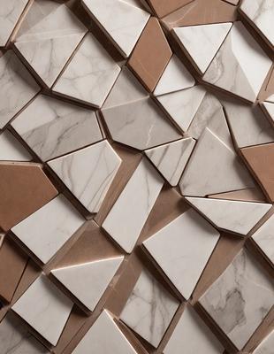 The primary subject of the image is a marble wall with a unique pattern of triangles. The setting is a room with a marble surface, which adds to the luxurious and elegant atmosphere. The visual style is a close-up of the marble wall, showcasing the intricate pattern and texture. The colors and mood of the image are predominantly neutral, with the marble providing a warm and sophisticated tone.