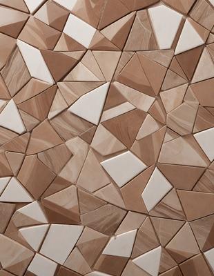 The primary subject of the image is a patterned wall made of tiles. The setting is a room with a brown and white color scheme. The visual style is a combination of digital art and illustration, creating a unique and intricate design. The dominant colors are brown and white, giving the wall a warm and inviting atmosphere.
