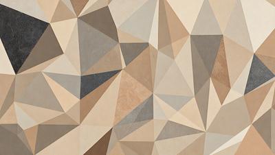 The primary subject of the image is a geometric pattern, featuring a combination of triangles and squares. The setting is a wall, and the visual style appears to be a digital art or illustration. The dominant colors in the image are beige, brown, and gray, creating a warm and earthy atmosphere.