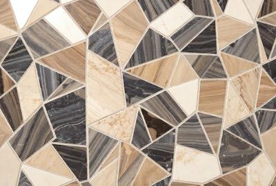 The primary subject of the image is a patterned tile with a black and white color scheme. The setting is a bathroom, as indicated by the presence of a tiled wall. The visual style is a combination of a photo and digital art, creating a unique and intricate design. The colors and mood of the image are predominantly black and white, giving it a classic and elegant appearance.