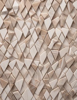 The primary subject of the image is a marble wall with a unique pattern of triangles. The setting is a room with a white marble wall, which serves as the background. The visual style of the image is a close-up of the marble wall, showcasing the intricate pattern of triangles. The colors and mood of the image are predominantly white, giving it a clean and elegant appearance.