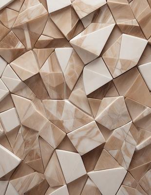 The primary subject of the image is a marble wall with a unique pattern of triangles. The setting is a room with a marble wall, and the visual style appears to be a combination of a photo and digital art. The dominant colors are white and brown, giving the wall a natural and elegant appearance. The overall atmosphere of the image is sophisticated and elegant, with the marble wall serving as a focal point in the room.