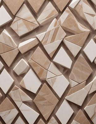 The primary subject of the image is a wall with a pattern of white and brown tiles. The setting is a room with a marble wall, and the visual style is a close-up of the tiled wall. The colors and mood of the image are predominantly neutral, with the white tiles and brown marble creating a clean and elegant appearance.