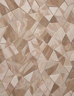 The primary subject of the image is a wall with a pattern of triangles. The setting is a room with a tiled wall, and the visual style is a close-up of the wall. The colors and mood of the image are predominantly neutral, with the triangles providing a sense of depth and texture to the wall.