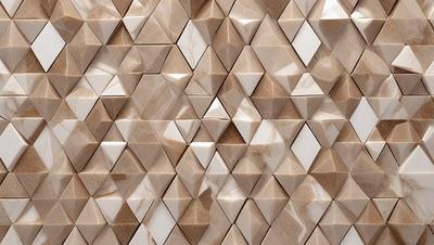 The primary subject of the image is a marble wall with a unique pattern of triangles. The setting is a room with a marble wall, and the visual style appears to be a combination of a photo and digital art. The dominant colors are brown and white, creating a warm and elegant atmosphere.