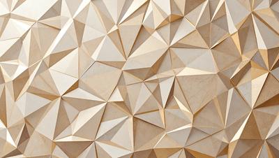 The primary subject of the image is a large, intricate, and textured wall made of white and gold geometric shapes. The setting is a room with a white and gold color scheme. The visual style is a combination of digital art and illustration, creating a unique and eye-catching design. The dominant colors are white and gold, giving the wall a luxurious and elegant appearance.