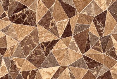 The primary subject of the image is a patterned surface, which appears to be a marble or stone tile. The setting is a close-up view of the tile, showcasing its intricate design. The visual style is a combination of a photo and digital art, as the image is a close-up of a tile pattern. The colors and mood of the image are warm and earthy, with the dominant colors being brown and beige.