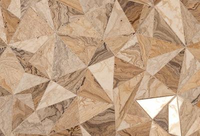The primary subject of the image is a marble floor with a unique pattern. The setting is a room with a marble floor, and the visual style is a close-up of the floor. The colors and mood of the image are predominantly brown and earthy, giving the space a warm and natural ambiance.