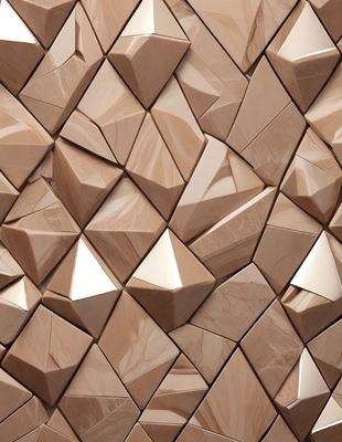 The primary subject of the image is a wall made of marble, featuring a unique design with triangular shapes. The setting is a room with a marble wall, and the visual style appears to be a combination of a photo and digital art. The colors and mood of the image are predominantly brown and earthy, giving the wall a natural and elegant appearance.