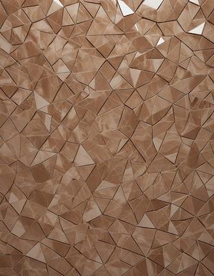 The primary subject of the image is a wall with a pattern of triangles. The setting is a room with a wooden surface, and the visual style appears to be a combination of a photo and digital art. The dominant colors are brown and beige, creating a warm and earthy atmosphere.