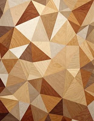 The primary subject of the image is a wooden surface with a geometric pattern. The setting is a room with a wooden floor, and the visual style is a combination of photo and digital art. The colors and mood of the image are warm and inviting, with the wooden surface being the main focus.