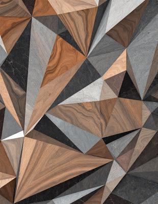 The primary subject of the image is a close-up of a marble tile pattern. The setting is a marble tile floor, and the visual style is a combination of a photo and digital art. The colors and mood of the image are predominantly black and white, with a touch of gray, giving it a modern and sophisticated appearance.