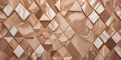 The primary subject of the image is a wall made of marble, featuring a unique design of triangles. The setting is a room with a marble wall, and the visual style is a close-up of the wall, showcasing the intricate pattern. The colors and mood of the image are predominantly neutral, with the marble providing a warm and elegant atmosphere.