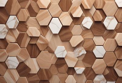 The primary subject of the image is a wall with a pattern of hexagonal shapes made of wood. The setting is a room with a wooden wall, and the visual style is a close-up of the wall. The dominant colors are brown and white, giving the wall a natural and earthy appearance. The overall atmosphere is one of warmth and texture, with the hexagonal shapes adding a sense of depth and intricacy to the wall.