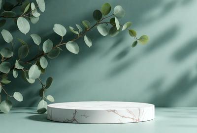 The primary subject of the image is a white marble tabletop with a green leafy plant on top of it. The setting is a green background, which adds a natural and calming atmosphere to the scene. The visual style is a photo, capturing the details of the marble tabletop and the leafy plant. The colors and mood of the image are predominantly green and serene, with the marble tabletop and the green plant creating a harmonious and soothing environment.