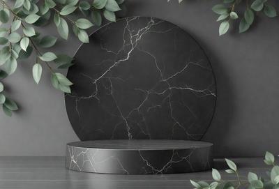 The primary subject of the image is a large, round, black marble table. The table is placed in a setting with a backdrop of green leaves, creating a visually appealing and natural atmosphere. The visual style of the image is a photo, capturing the intricate details of the marble table and the surrounding greenery. The colors and mood of the image are predominantly black and green, with the black marble table and green leaves creating a striking contrast and a sense of elegance.