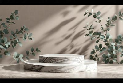 The primary subject of the image is a white, round, marble-like table. The table is placed on a white marble floor, which is the setting for the scene. The visual style of the image is a photo, showcasing the table and its surroundings. The colors in the image are predominantly white, giving it a clean and elegant appearance. The overall atmosphere of the image is sophisticated and modern.