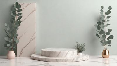 The primary subject of the image is a marble tabletop with a white marble top. The table is placed on a white marble countertop. The setting is a room with a wall painted in a light blue color. The visual style is a photo of a marble tabletop. The colors and mood of the image are predominantly white and light blue, giving it a clean and calming atmosphere.