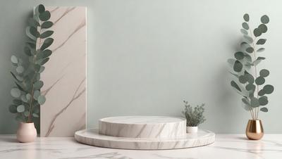The primary subject of the image is a marble tabletop with a white marble top. The table is placed on a white marble countertop. The setting is a room with a blue wall in the background. The visual style is a photo of a marble tabletop. The colors and mood of the image are predominantly white and neutral, giving it a clean and elegant appearance.