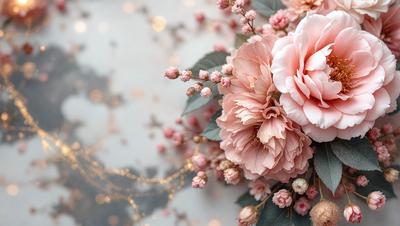 The primary subject of the image is a bouquet of pink flowers, which are the main focus of the scene. The flowers are arranged in a vase, and they are placed on a table. The setting appears to be a room with a wall, and the visual style is a close-up of the flowers. The dominant colors in the image are pink, and the overall atmosphere is one of beauty and elegance.