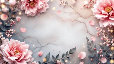 The primary subject of the image is a close-up of a pink flower with a green stem. The setting is a white marble wall, which serves as the background. The visual style is a combination of photo and digital art, creating a realistic yet artistic representation of the flower. The dominant colors are pink and green, giving the image a warm and fresh atmosphere.