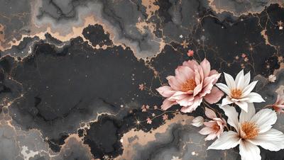 The primary subject of the image is a beautiful flower arrangement, featuring a pink flower with a yellow center, surrounded by other flowers. The setting is a black background, which creates a striking contrast with the vibrant colors of the flowers. The visual style is a combination of photo and digital art, resulting in a stunning and realistic representation of the flower arrangement. The colors and mood of the image are predominantly warm and inviting, with the pink and yellow flowers evoking feelings of happiness and positivity.