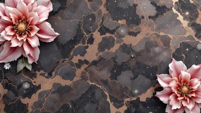 The primary subject of the image is a close-up of a pink flower on a marble surface. The setting is a stone wall with a patterned texture, giving the background a unique and interesting appearance. The visual style is a close-up of the flower on the marble, which creates a sense of depth and detail. The colors and mood of the image are predominantly pink, which adds a touch of warmth and elegance to the scene.