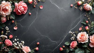 The primary subject of the image is a close-up of a black marble countertop with a few pink flowers scattered on it. The setting is a kitchen or a similar indoor space, as the countertop is a common area for food preparation and display. The visual style is a realistic representation of the countertop and flowers, with no indication of digital art or illustration. The dominant colors are black and pink, creating a contrast between the dark marble and the delicate petals of the flowers. The overall