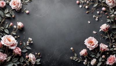Primary subject: Flowers
Setting/background: Black marble
Visual style: Photo
Colors and mood: Pink and white flowers, creating a delicate and elegant atmosphere.
