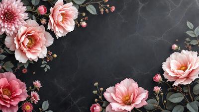 The primary subject of the image is a beautiful arrangement of pink flowers. The flowers are placed on a black background, which adds a striking contrast to the vibrant colors of the flowers. The visual style of the image is a combination of photo and digital art, creating a realistic yet artistic representation of the flowers. The colors and mood of the image are predominantly pink, which gives the scene a warm and inviting atmosphere.