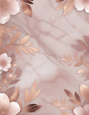 The primary subject of the image is a marble wall with a gold and pink floral pattern. The setting is a room with a marble surface, and the visual style is a combination of digital art and illustration. The dominant colors are gold, pink, and white, creating a warm and elegant atmosphere.