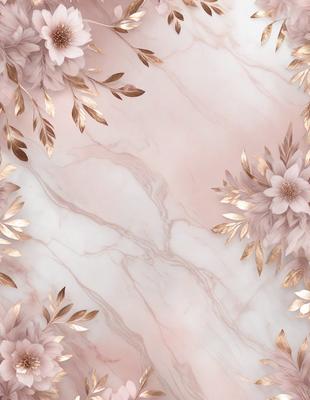 The primary subject of the image is a close-up of a marble wall with a gold floral pattern. The setting is a pink and white marble wall, which serves as the background. The visual style is a combination of digital art and illustration, creating a unique and elegant design. The dominant colors are pink, white, and gold, giving the image a warm and luxurious atmosphere.