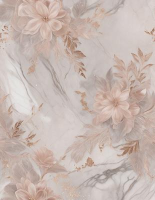 The primary subject of the image is a marble surface with a pattern of flowers. The setting is a marble countertop, and the visual style is a combination of photo and digital art. The dominant colors are pink and gold, creating a warm and elegant atmosphere.