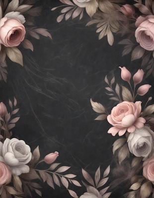 The primary subject of the image is a beautifully designed frame featuring a variety of flowers. The flowers are arranged in a visually appealing manner, creating a sense of depth and dimension. The setting is a black background, which contrasts with the vibrant colors of the flowers, making them stand out even more. The visual style of the image is a combination of digital art and illustration, giving it a unique and artistic appearance. The colors and mood of the image are predominantly pink, which adds a touch of