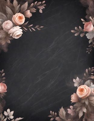 The primary subject of the image is a black marble table with a frame of pink flowers. The setting is a dark room, and the visual style is a combination of a photo and digital art. The dominant colors are black and pink, creating a moody and elegant atmosphere.
