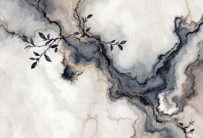 The primary subject of the image is a tree branch with leaves, which is painted on a white surface. The setting is a cloudy sky, and the visual style appears to be a combination of digital art and illustration. The dominant colors are white and gray, creating a calm and serene atmosphere.