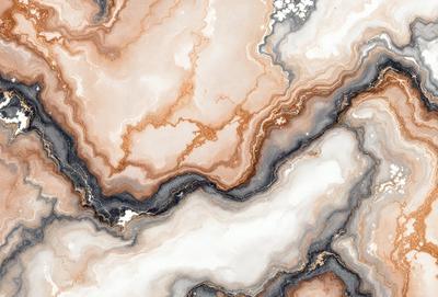 The primary subject of the image is a marble-like stone with a white and brown color scheme. The setting is a rocky surface, possibly a wall or a countertop. The visual style appears to be a combination of a photo and a drawing, creating a unique and artistic representation of the stone. The colors and mood of the image are warm and earthy, evoking a sense of natural beauty and texture.