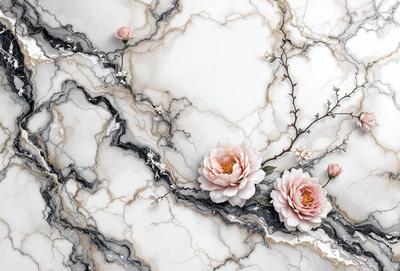 The primary subject of the image is a close-up of a branch with pink flowers on it. The branch is placed on a marble surface, which serves as the setting and background of the image. The visual style of the image is a photo, capturing the beauty of the flowers and the marble surface. The colors and mood of the image are predominantly pink, creating a warm and inviting atmosphere.