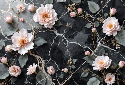 The primary subject of the image is a close-up of a flower arrangement on a black marble surface. The setting is a black marble wall, and the visual style appears to be a photo. The dominant colors in the image are black and white, creating a contrasting and elegant atmosphere. The flowers are pink and white, adding a touch of natural beauty to the scene.
