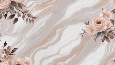 The primary subject of the image is a marble wall with a patterned design. The setting is a room with a marble floor. The visual style is a combination of a photo and digital art, creating a unique and intricate pattern. The colors and mood of the image are predominantly neutral, with a touch of pink from the flowers.