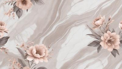 The primary subject of the image is a close-up of a marble wall with a pattern of flowers on it. The setting is a marble wall, and the visual style is a photo. The dominant colors are white and pink, creating a clean and elegant atmosphere.