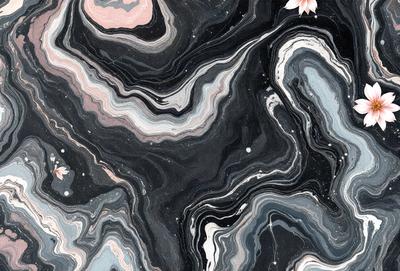 The primary subject of the image is a black and white patterned surface, which appears to be a marbled or textured material. The setting is a dark background, which contrasts with the patterned surface. The visual style is a combination of a photo and a digital art, illustration, or drawing. The colors and mood of the image are predominantly dark and moody, with the black and white pattern adding a sense of depth and intrigue to the scene.