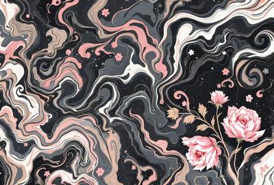The primary subject of the image is a pink flower, which is the focal point of the scene. The setting is a black and white background, which adds a dramatic and artistic touch to the image. The visual style is a combination of digital art and illustration, creating a unique and eye-catching design. The dominant colors are pink and black, giving the image a bold and striking appearance.