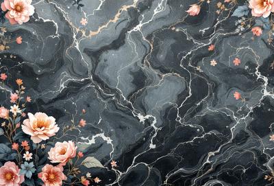 The primary subject of the image is a black and white marble wall with a pattern of swirls. The setting is a dark room, and the visual style is a combination of a photo and a drawing. The colors and mood of the image are dark and moody, with the black and white marble adding a sense of elegance and sophistication.