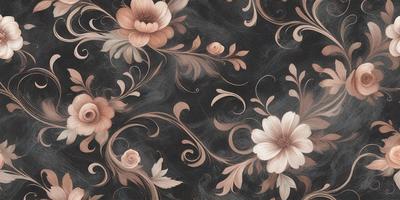 The primary subject of the image is a floral pattern, featuring a variety of flowers and leaves. The setting is a black and white background, which adds a classic and elegant touch to the design. The visual style is a combination of digital art and illustration, creating a unique and artistic representation of the floral pattern. The colors and mood of the image are predominantly black and white, with the flowers and leaves adding a touch of vibrancy and life to the overall composition.