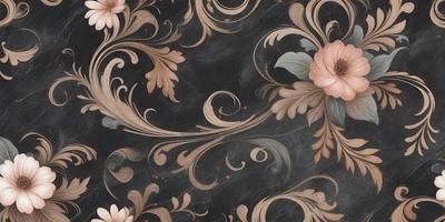 The primary subject of the image is a floral pattern, featuring a black background with pink flowers. The setting is a wall, and the visual style appears to be a combination of a photo and a digital art or illustration. The dominant colors are black and pink, creating a bold and elegant atmosphere.